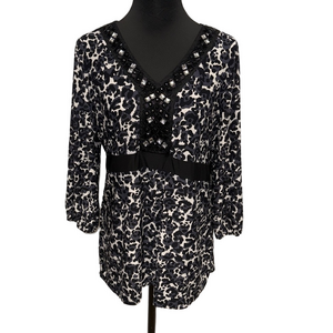 Fashion Bug Animal Print Blouse Embellished Neckline. Business casual Stretch